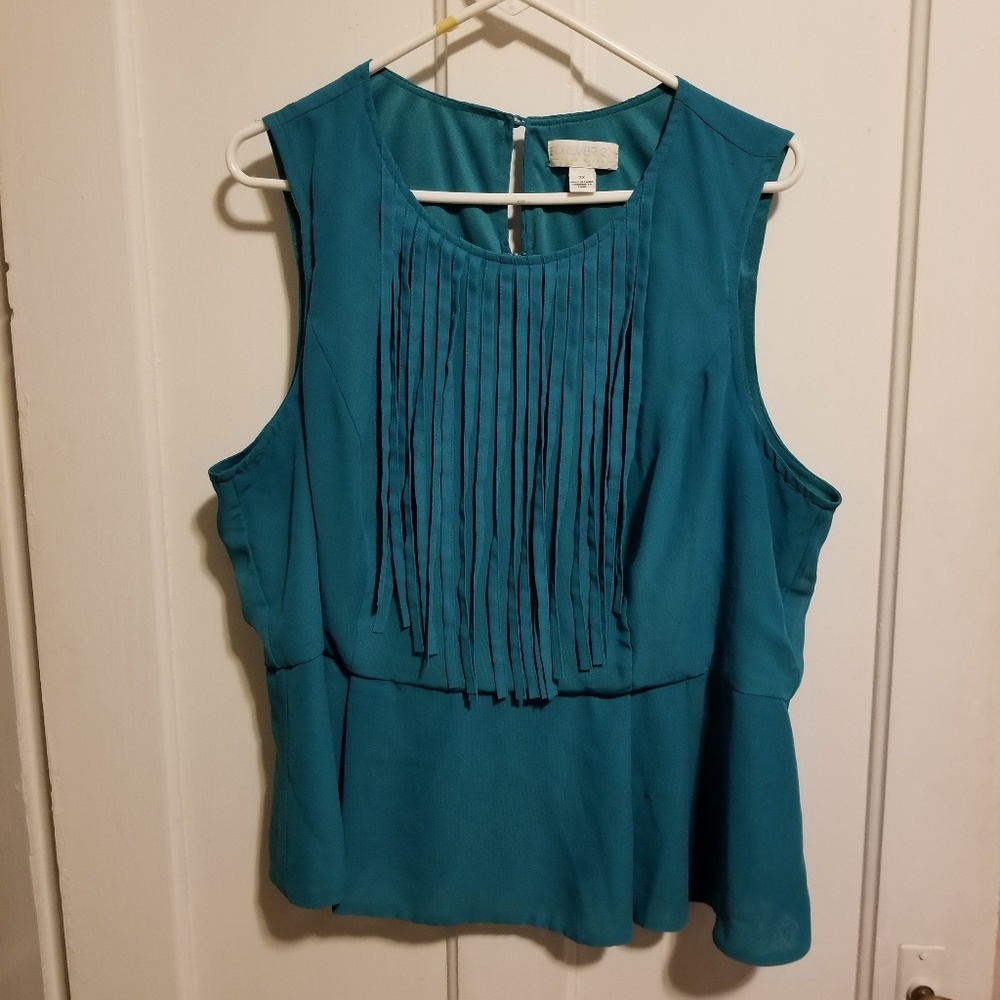 Teal colored fringe peplum shirt